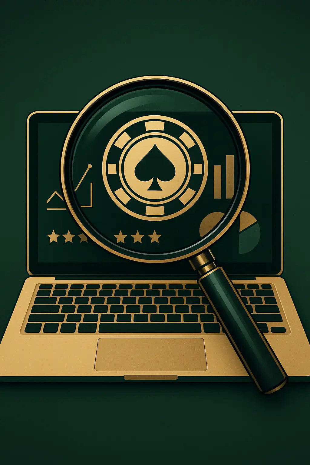 Reviewer's desk with a laptop showing a casino dashboard and a notebook